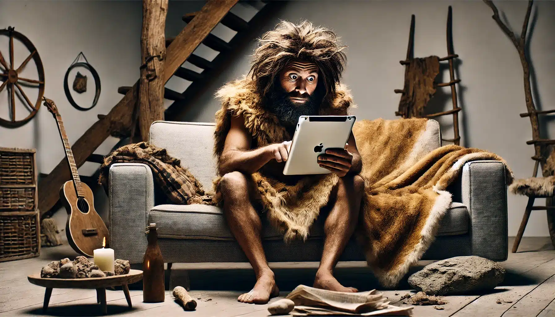 DALL·E 2024-09-04 10.33.15 - A humorous scene of a caveman sitting on a modern, slightly worn-out sofa, holding an iPad in his hands. The image is from an over-the-shoulder perspe